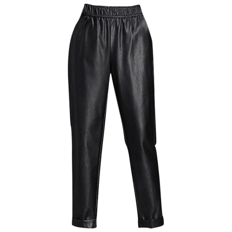 Брюки женские из экокожи эластичные свободные штаны-султанки с завышенной