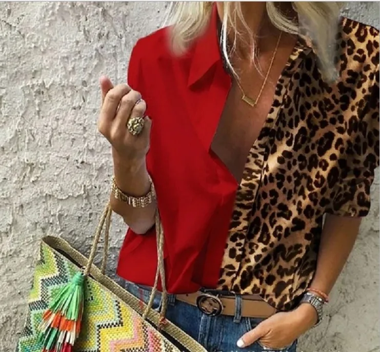 

5XL Office Lady Long Sleeve Blouse shirts Elegant Leopard patchwork plant stripe Dot Print blusa Female sexy V-Neck Basic Blusas