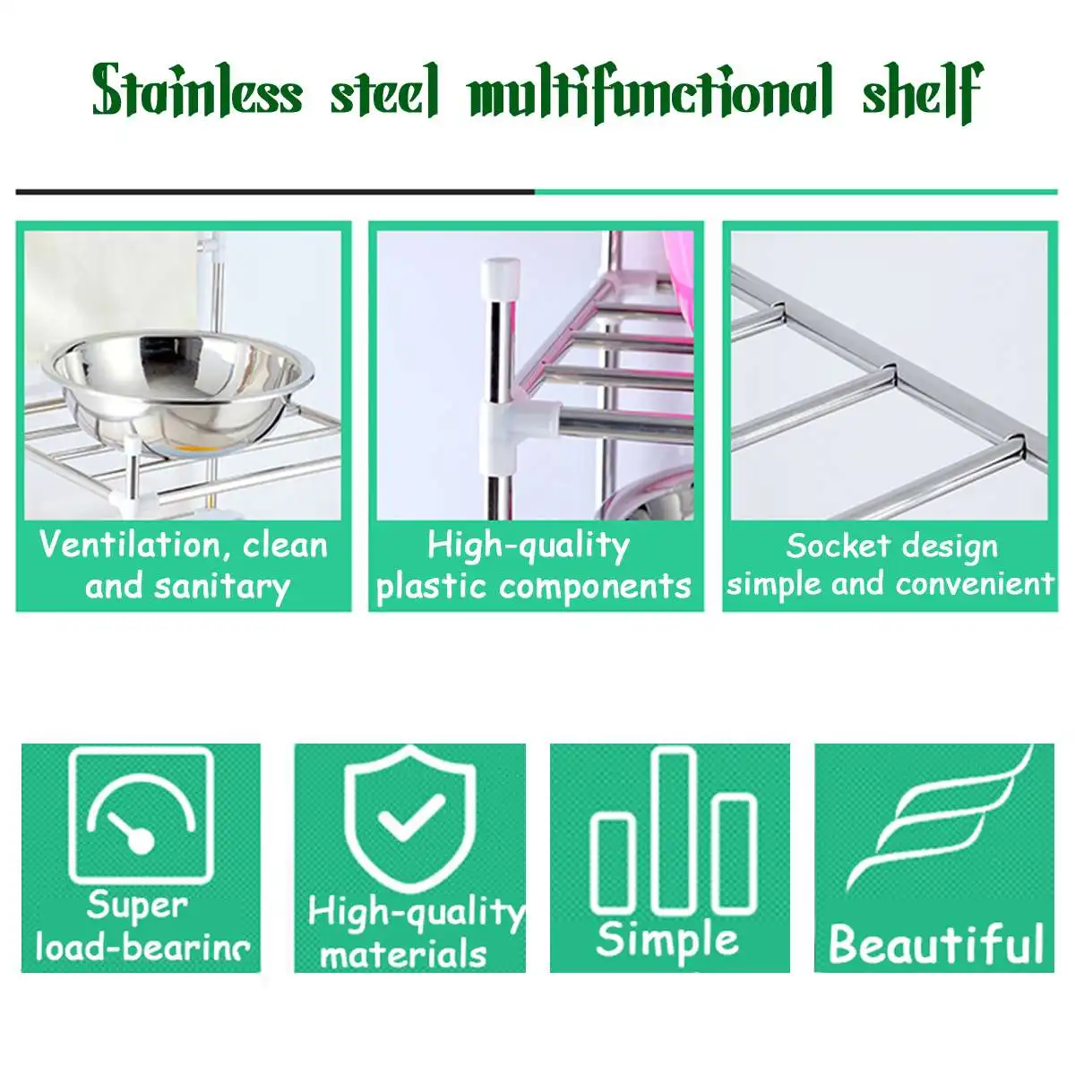 

3/4Tiers Stainless Steel Kitchen Rack Shelves Bowl Dishes Storage Holder Bathroom Organizer With Towel Bar Multi-use &Space save