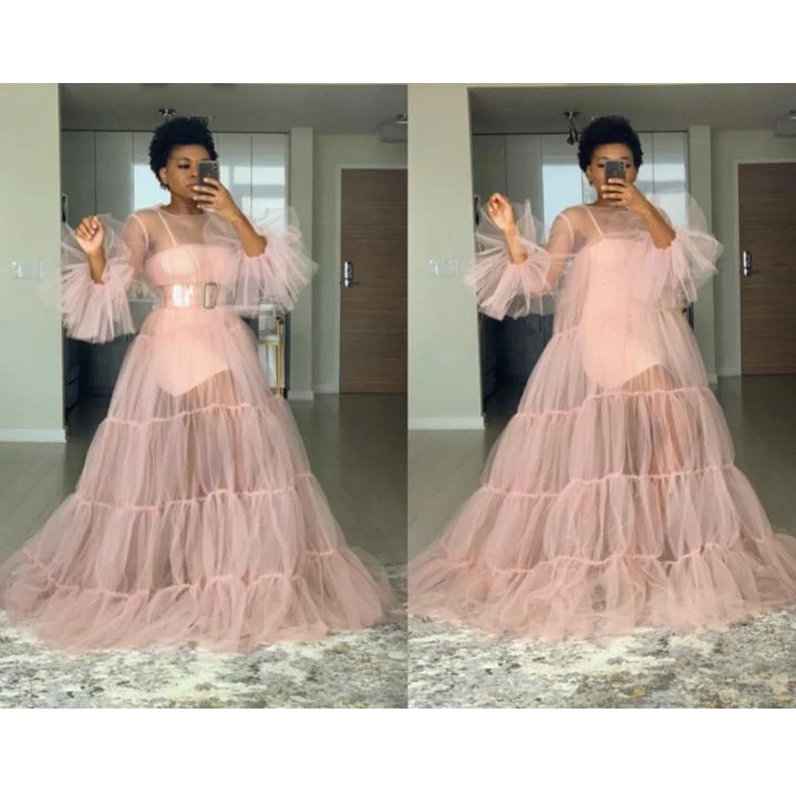 

Chic Blush Pink Sheer Long Women Outfit Flare Full Sleeves A-line Loose Maternity Dress To Photo Shoots Long Robes Night Gowns