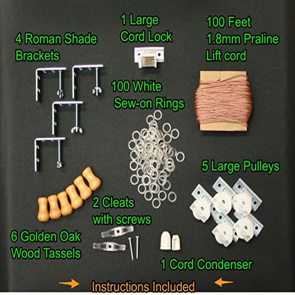 Large Roman Shade Hardware KIT, in Golden Brown (Cord Lock, Pulleys, Cord, Brackets, Cleats, Rings, Cord Condenser)