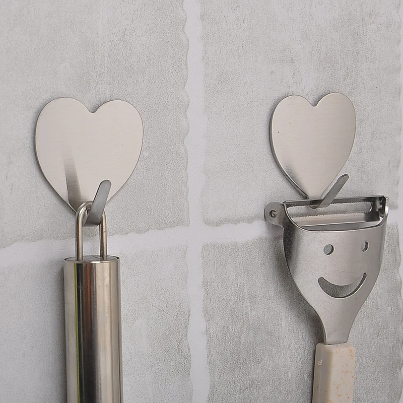 

6pcs Stainless Steel Heart Hooks 4pcs Plastic Hooks Self Adhesive Hanger for Kitchen Bathroom Towel Holder Hooks