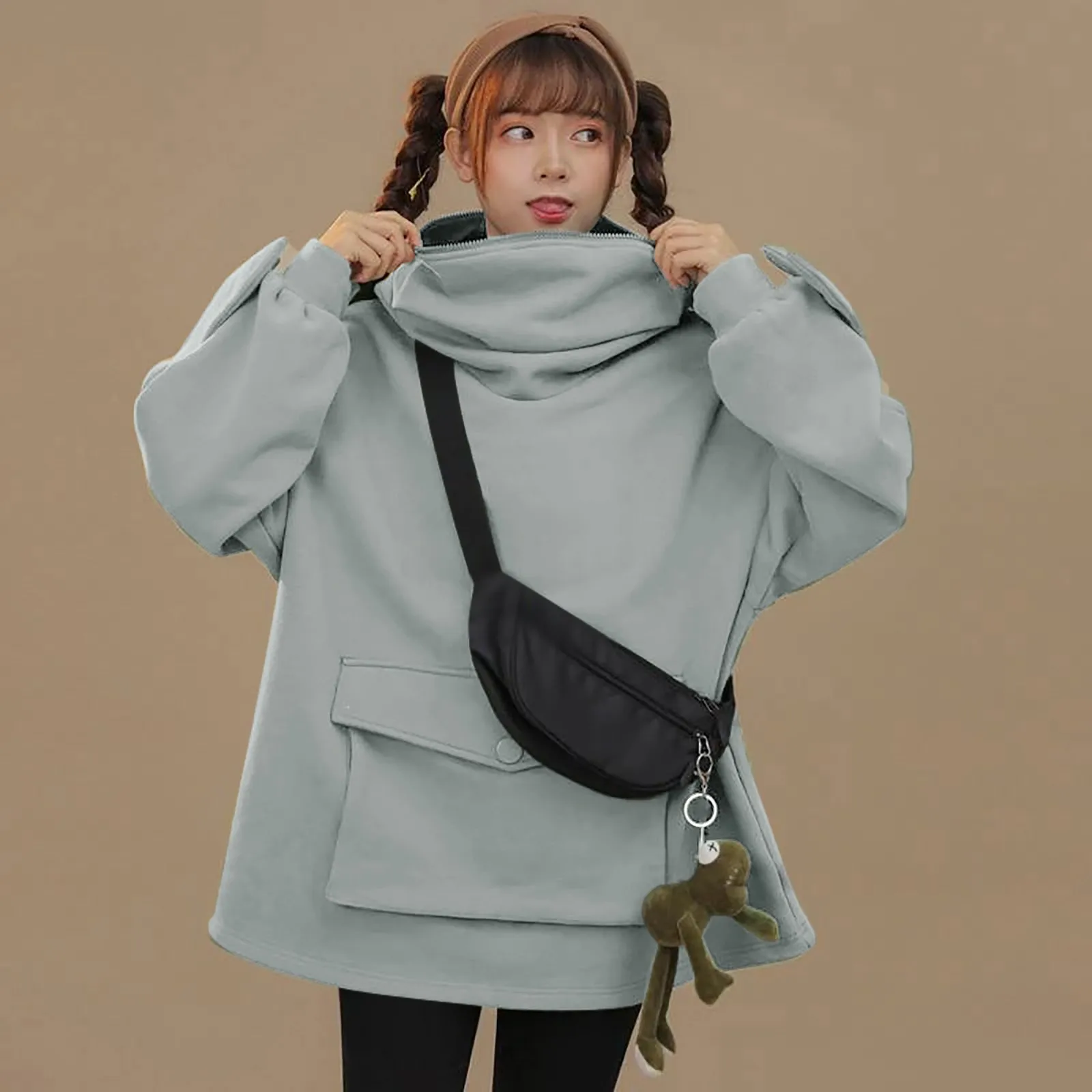 Women Frog Hoodies Oversized Kawaii Solid Color Stitching Casual Harajuku Pullover Sweatshirt Autumn Winter Hooded Lady Clothing