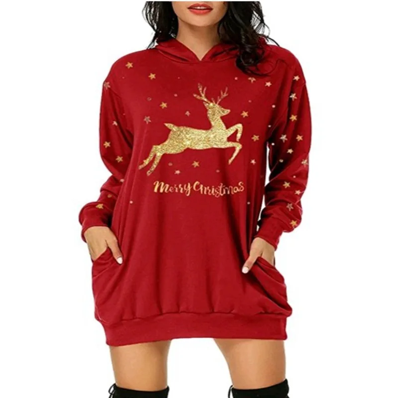 

2021 Christmas Dress Women Fashion Christmas Hoodie Bag Hip Pocket Print Hoodie Dress Long Sleeve Winter Vestidos Invierno Mujer
