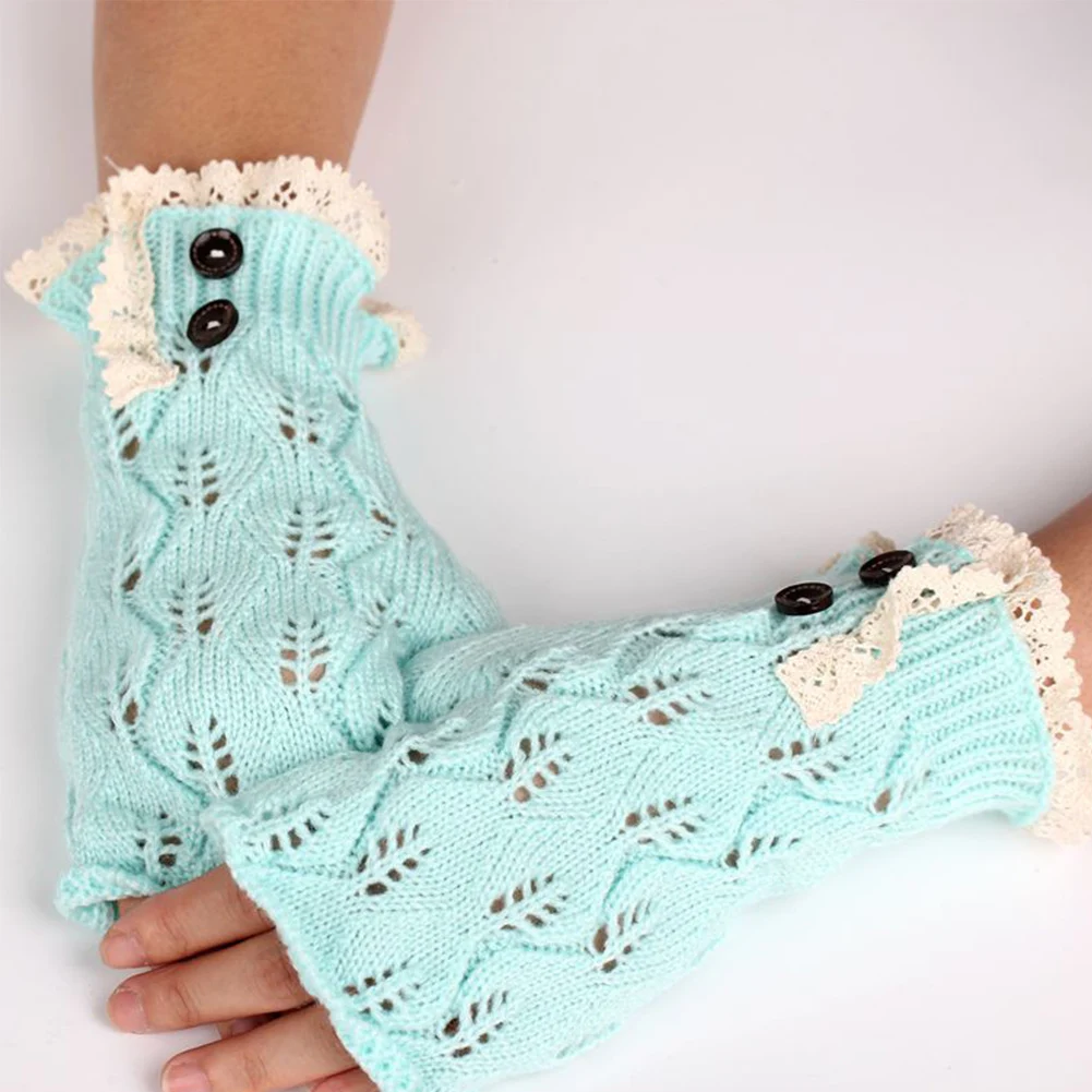 Перчатки на пуговицах вязаные кружева ветрозащитные теплые листья