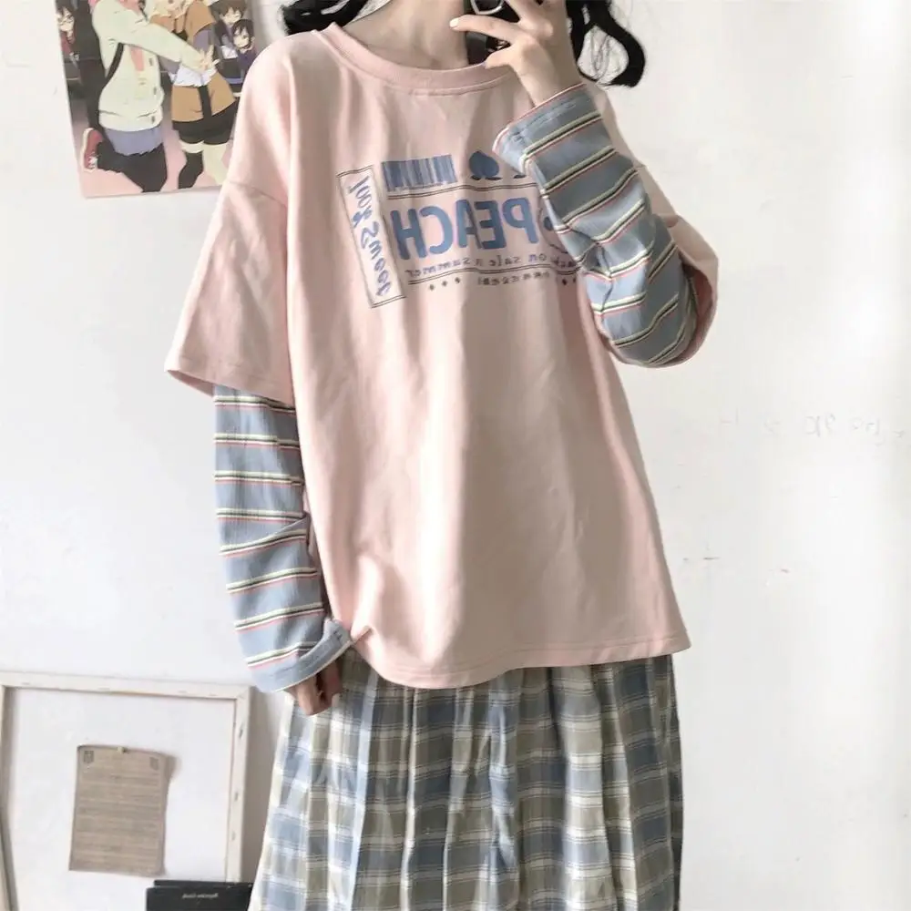 Autumn Winter Woman Hoodie Loose Casual Patchwork fake two pieces Cartoon print female sweatshirts 2020 HOT femmes sweetshirts
