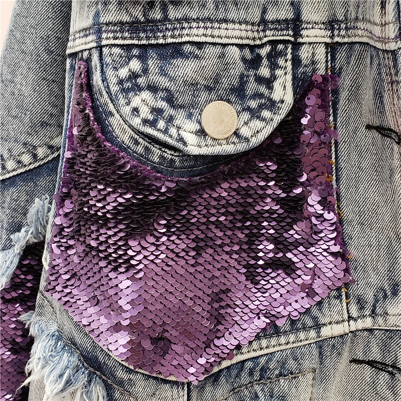 

Sequins Spliced Vintage Denim Jacket Women Loose Fashion Harajuku Short Hole Jeans Jacket Autumn Ladies Outwear Streetwear H475