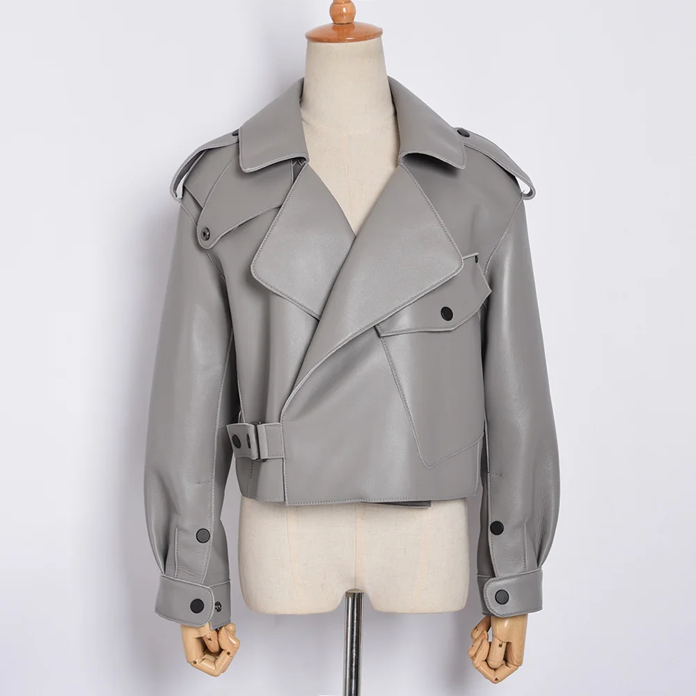Light Grey Женская куртка из натуральной кожи, новая мода, 8 цветов, кожаное пальто для женщин, овечья кожа S7547 - Цвет: Light Grey