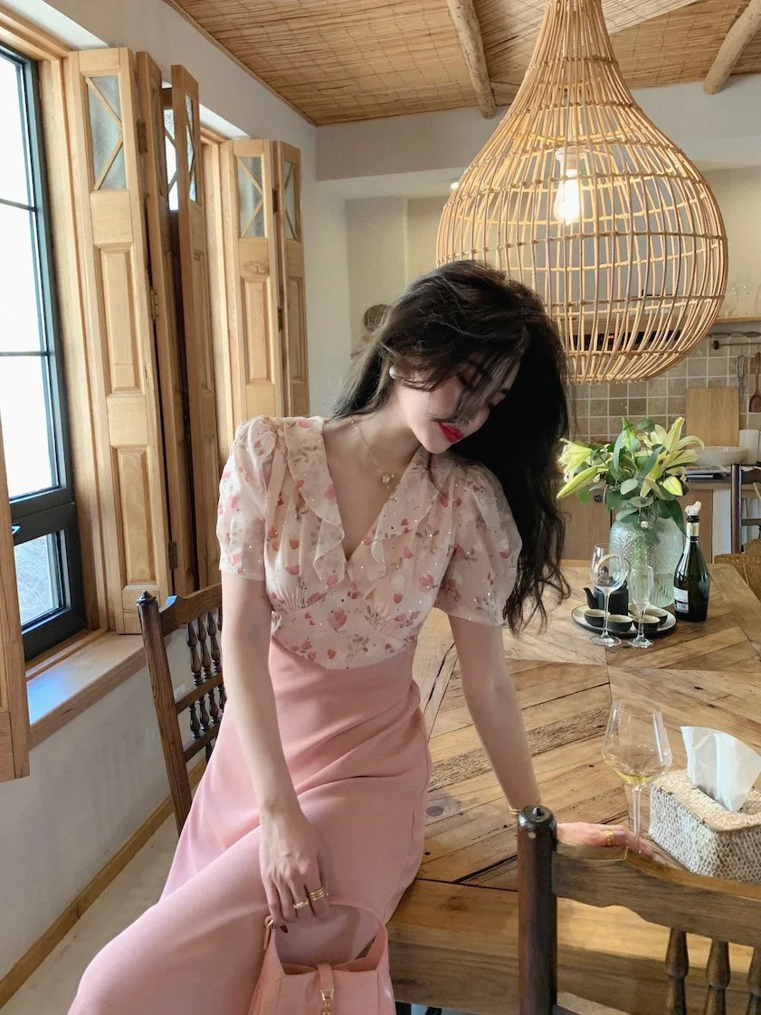 

Длинная шифоновая юбка во французском стиле big han edition платикодон великолепное Цветочное платье с коротким рукавом код 2021