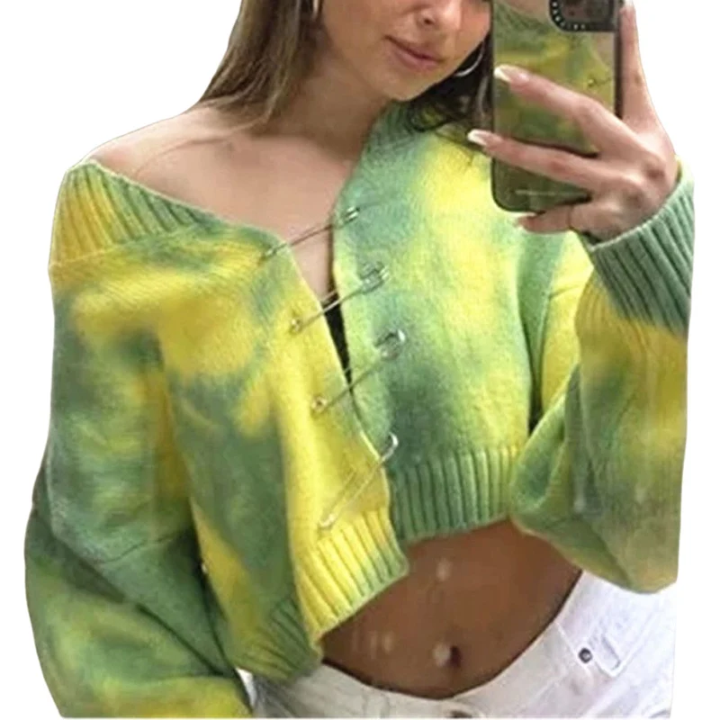 

Women Cropped Shirt Knitting Top Loose Party Long Sleeve Fall Slim Metal Buckle Dye Printed Clothes
