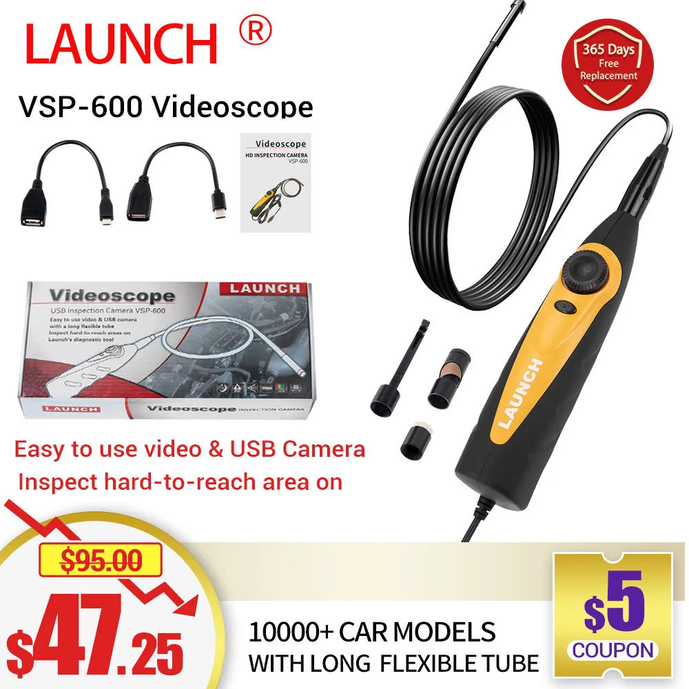 

Launch VSP-600 Borescope Inspection Camera IP67 Waterproof VSP600 Videoscope 5.5MM 6 LED Light for X431 Series USB Borescope
