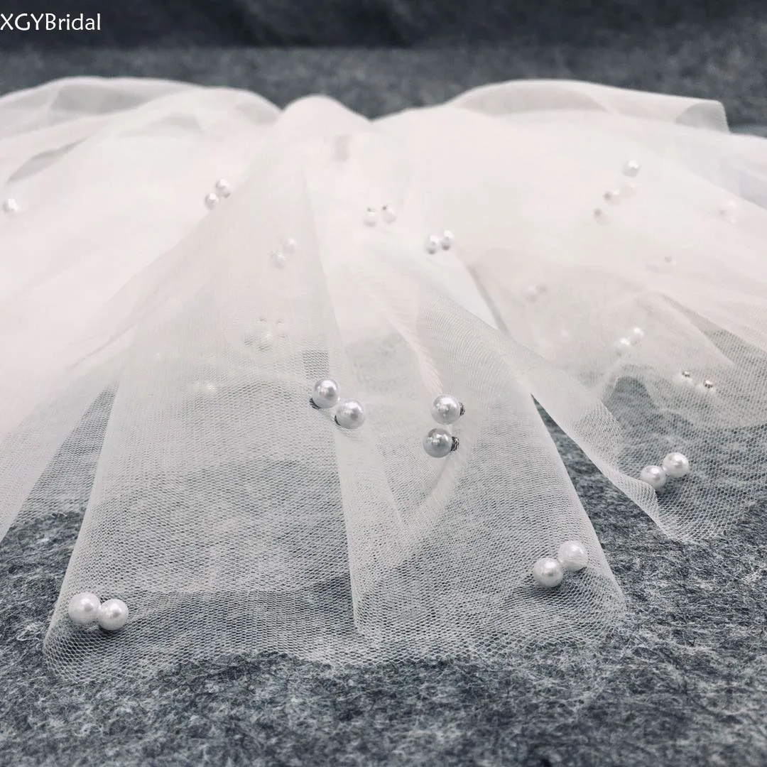 

Short Weeding Bridal Veil With Hair Comb Two Layer Cut Edge Cheap Pearl Blusher Beaded White 0.75Meter Lace Marriage Accessories