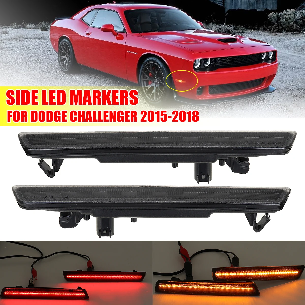 1Pair Front Amber / Rear Red LED Side Marker Lights Smoke Turn Signal Light For Dodge Challenger 2015-2018