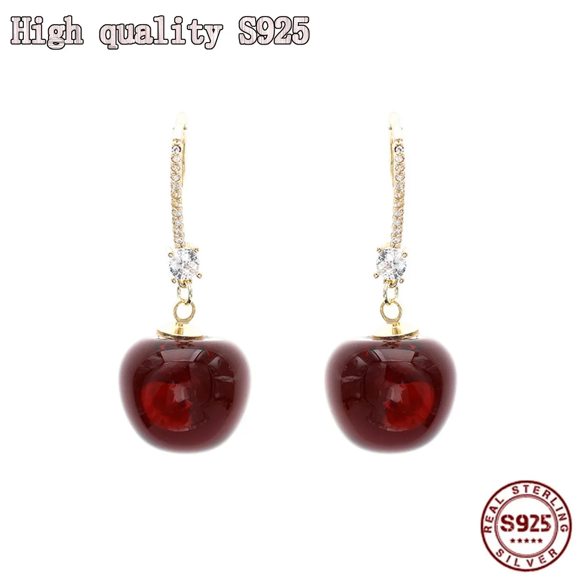 

2021 New Lovely Fruit Red Cherry Earhook S925 Silver Needle Crystal Charm Women Earrings Fashion Jewelry Long Earrings