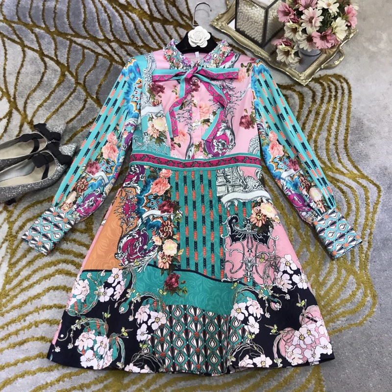 

Fashion 11.20 High End Elegant Luxury Bow Ribbon Print Pattern Women Heavy Industry Beading Pearl Temperament Dress