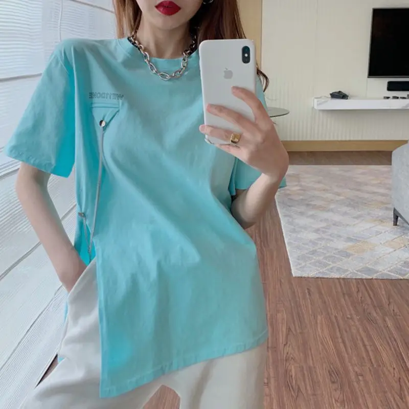 

Women'S Short Sleeve T-Shirt With Slits And Irregular Printing Tees Harajuku Loose All-Match Summer Female Chic Tops Ins