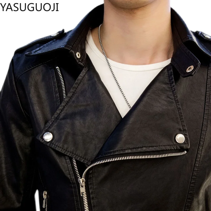 

YASUGUOJI New 2021 Spring Mens Leather Jacket Fashion Motorcycle PU Leather Jacket Men Cool Zipper Pockets Short Leather Coats