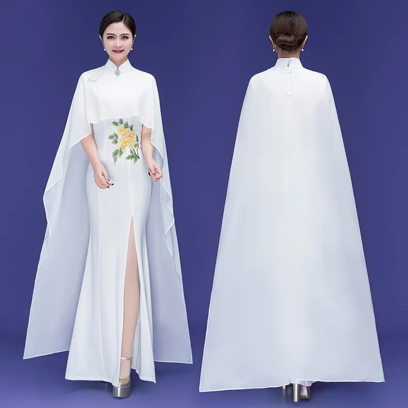 

Satin 2PCS Evening Dress Gown With Cloak Flower Applique Cheongsam Mermaid Qipao Female Split Plus Size 3XL 4XL 5XL Vestidos