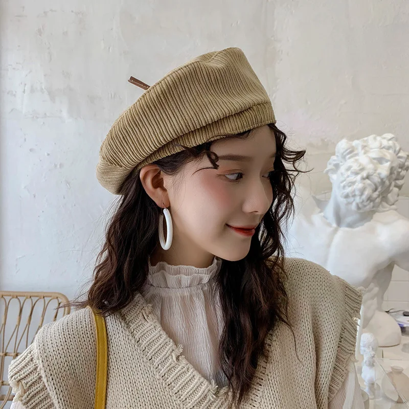 

Corduroy Beret Female Japanese Octagonal Hat Solid Color Versatile Fashion Trendy Autumn And Winter Retro Painter Hat