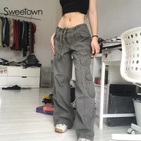 sweetown grunge streetwear cargo pants woman low waist baggy mom jeans vintage 90s hippie wide leg denim trousers korean outfits