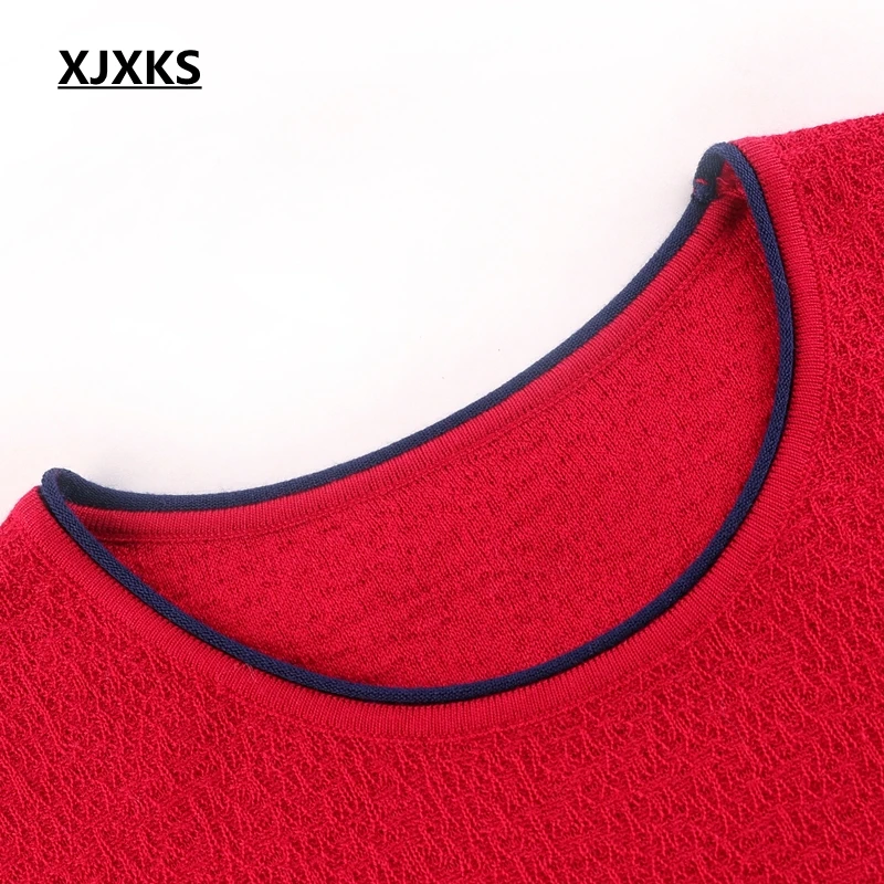XJXKS Новый 2020 Весенний семибалльной рукава Перемычка Knit Красный Emboridery свитер