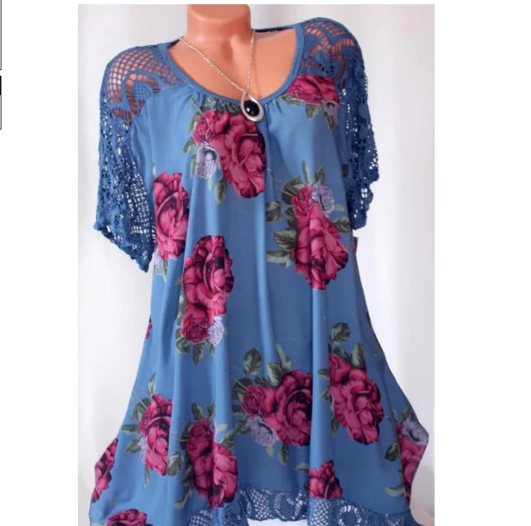 

High quality large size loose women blouses 2020 summer blouses short sleeve lace top fashion casual round neck printed blouse