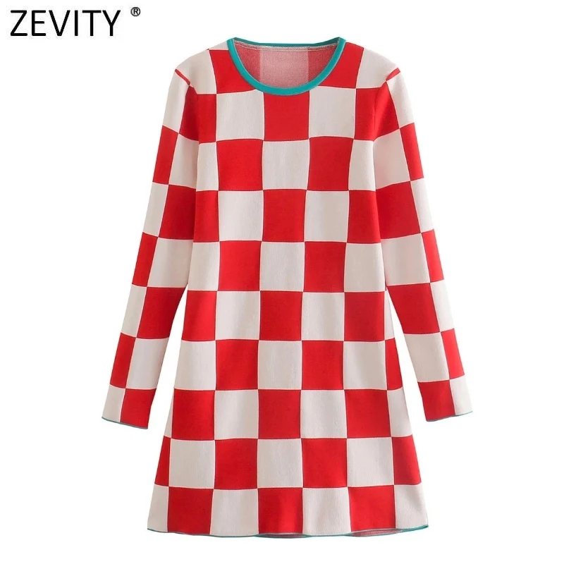 

ZEVITY Women Vintage Color Matching Plaid Casual Slim Knitting Mini Dress Lady Chic Long Sleeve Jacquard A Line Vestido DS8832
