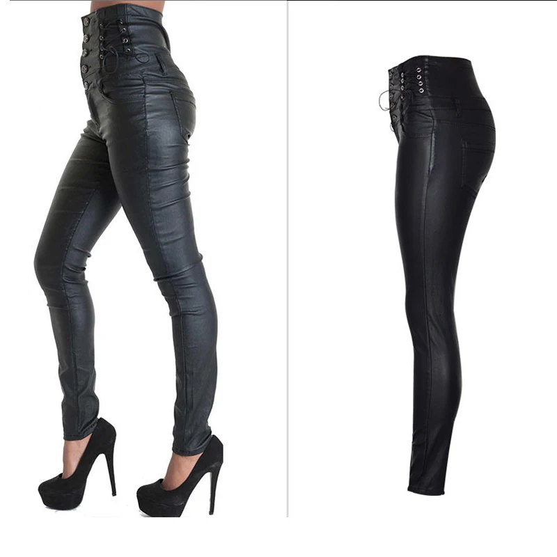 2020 зимние черные брюки из искусственной кожи на шнуровке для женщин больших