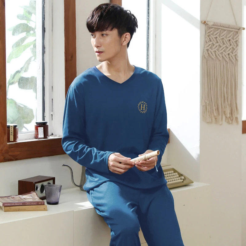 Casual Loose Sleepwear Thin Summer Long Sleeve Bedroom Cotton Comfy Set Plus Size Sleepwear Szata Zestawy Men's Sleep DB60SY