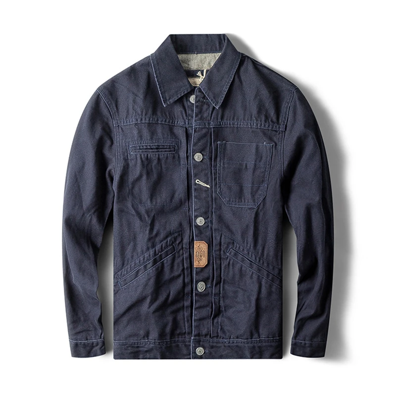 Куртка джинсовая мужская в стиле Харадзюку винтажная темно-синяя с большими