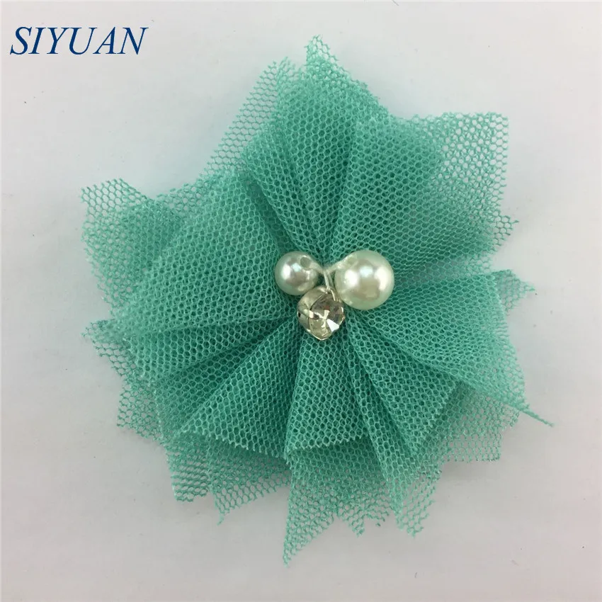 5-mint 10 шт./лот, 5 см, сетка, тюль, Fbric, цветок, стразы, для детей, жемчуг, бисер, шикарная повязка с цветами, сделай сам, аксессуары для волос F27 - Цвет: 5-mint