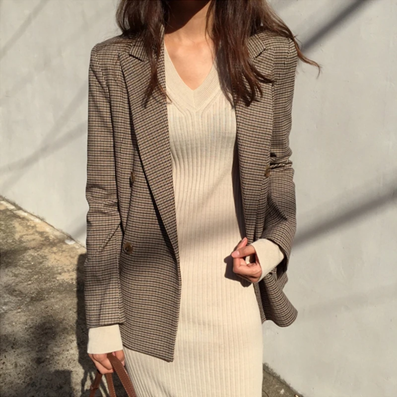 

Vintage Casual Plaid Blazer Women Fashion Double Breasted Office Ladies Jacket Coat Female Notched Collar Long Sleeve Suits
