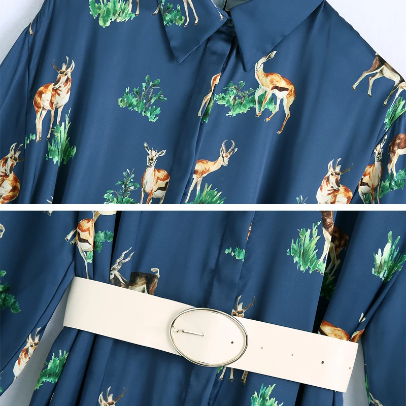 

Vintage Animal Print Knee length Dress Women Spring Long Sleeve Long Shirt Dress With belt Turn Down Collar Dresses YNZZU YD496