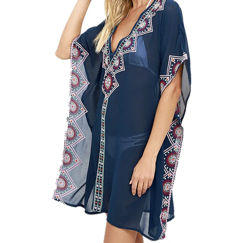 Шифоновая пляжная туника с вышивкой коротким рукавом |