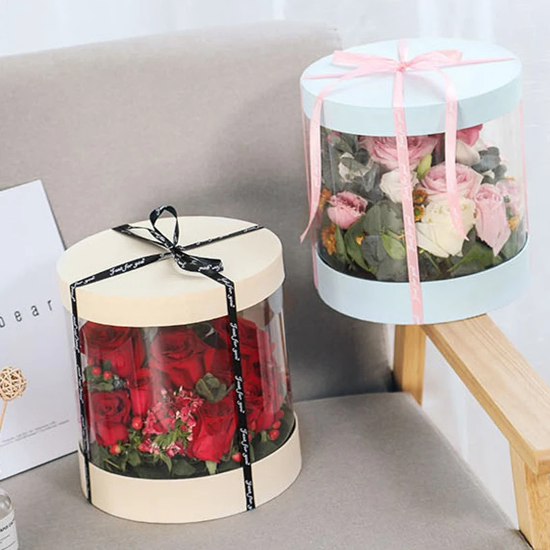 Round Flower Paper Boxes Flowers Bucket Transparent PVC Cake Gift Box Ladies Presents Packing Case Lid Party | Дом и сад