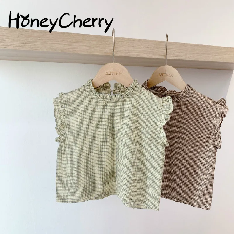 

HoneyCherry Children's Summer Plaid Sleeveless Lace Shirt Girls Blouse Girls Tops And Blouses Baby Girl Clothes