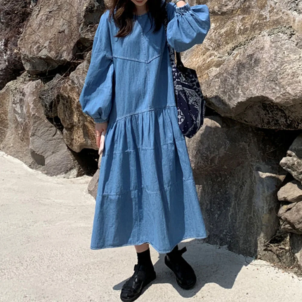 

Autumn New 2021 Korean Loose Long Sleeve Denim Dress Women Solid Color Round Neck Long Sleeve Temperament Casual Loose