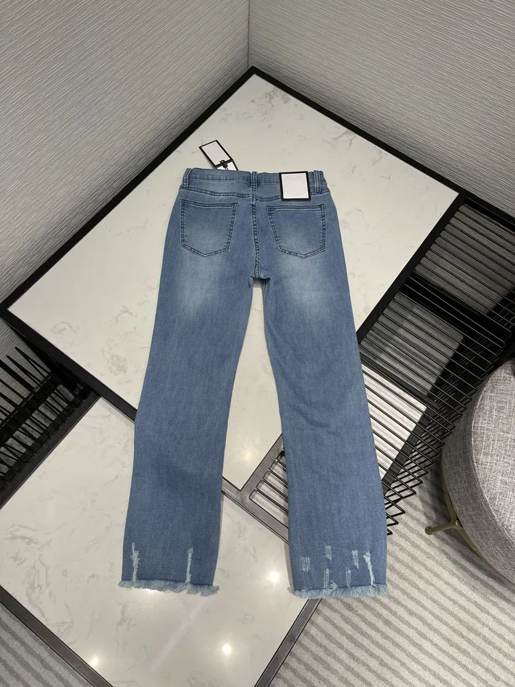 Luxury Brand Blue Jean Pants Women High Waist Light Wash Casual Jeans Bleached Chic Edged Split Slim Denim Pants 2021 Autumn