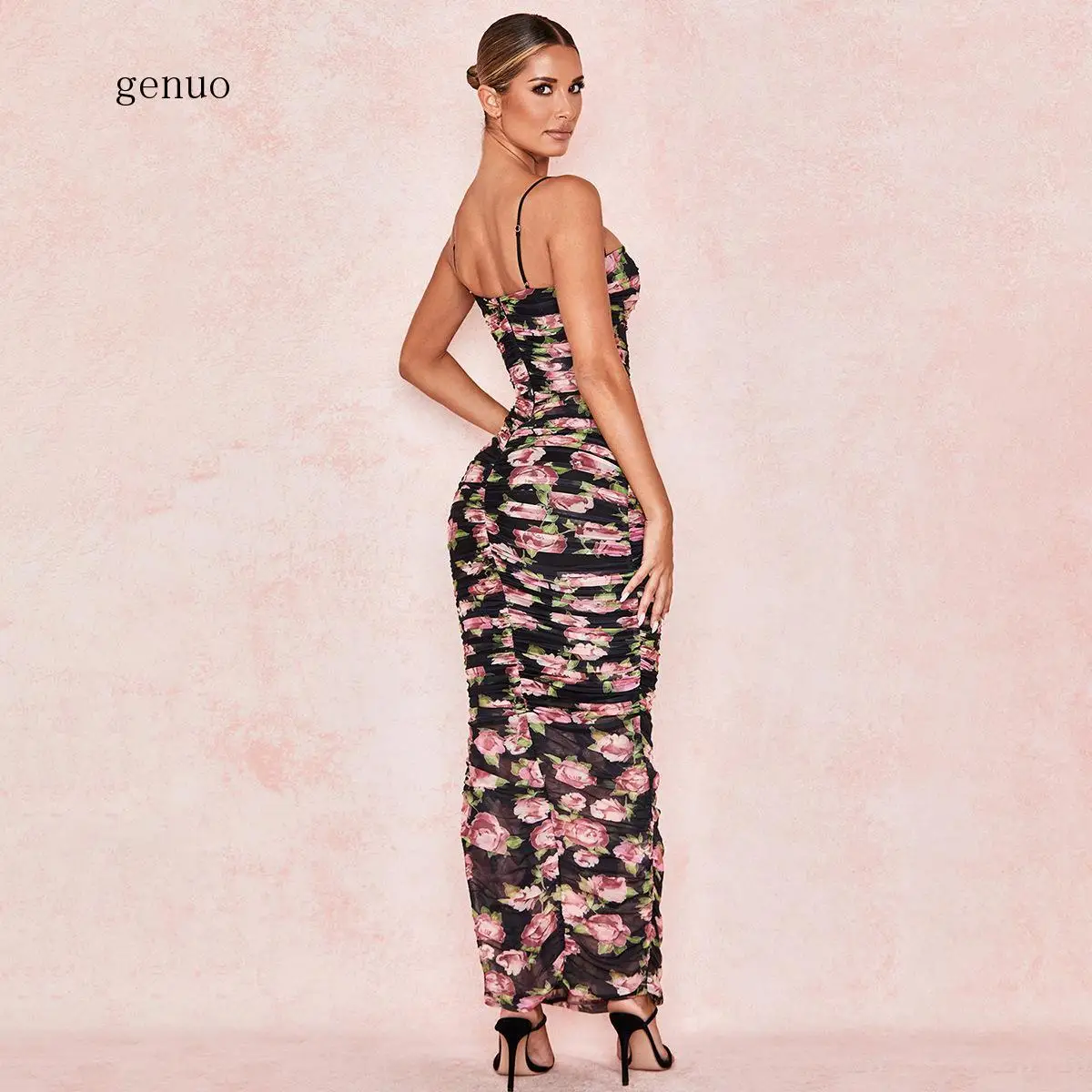 Vintage Floral Print Black Party Dress Off Shoulder Sexy Backless Ruched Split Maxi Women Bodycon Vestidos Robe Femme | Женская одежда