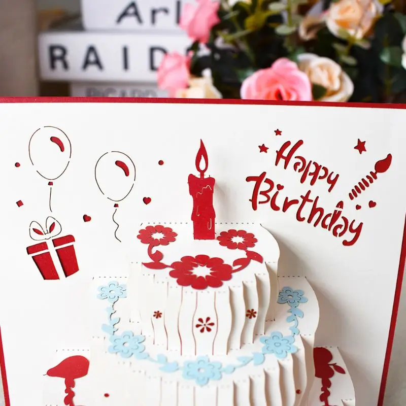 3D Happy Birthday Greeting Cards with Paper Cake Postcards Invitations Envelope Party Anniversary Supply | Дом и сад