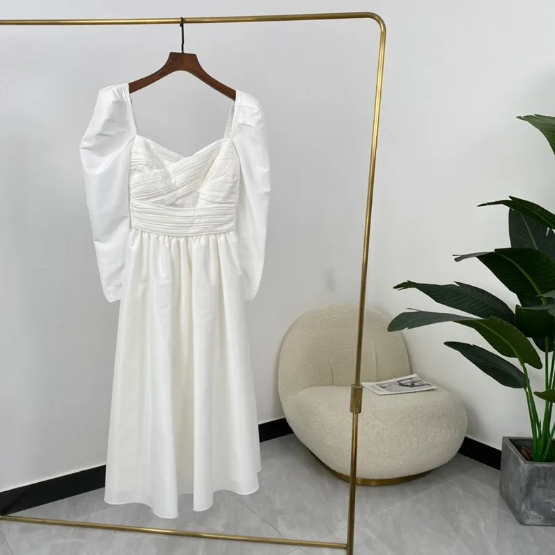 

Женское платье-трапеция с квадратным вырезом, белое платье до середины икры с длинным рукавом, осень 2021
