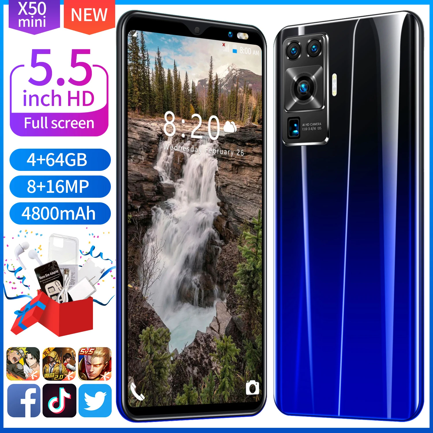 

Newest X50 mini 5.5" HD Smartphones 4G 64GB 4800mAh 8MP+16MP Fingerprint Unlock Andriod 8 Core Dual SIM Full Screen Mobile Phone