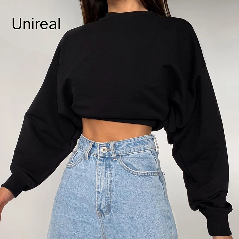 

Unireal 2021 Autumn Women Cropped Sweatshirt Short Black Hoodies Sweatshirts Tops Streetwear