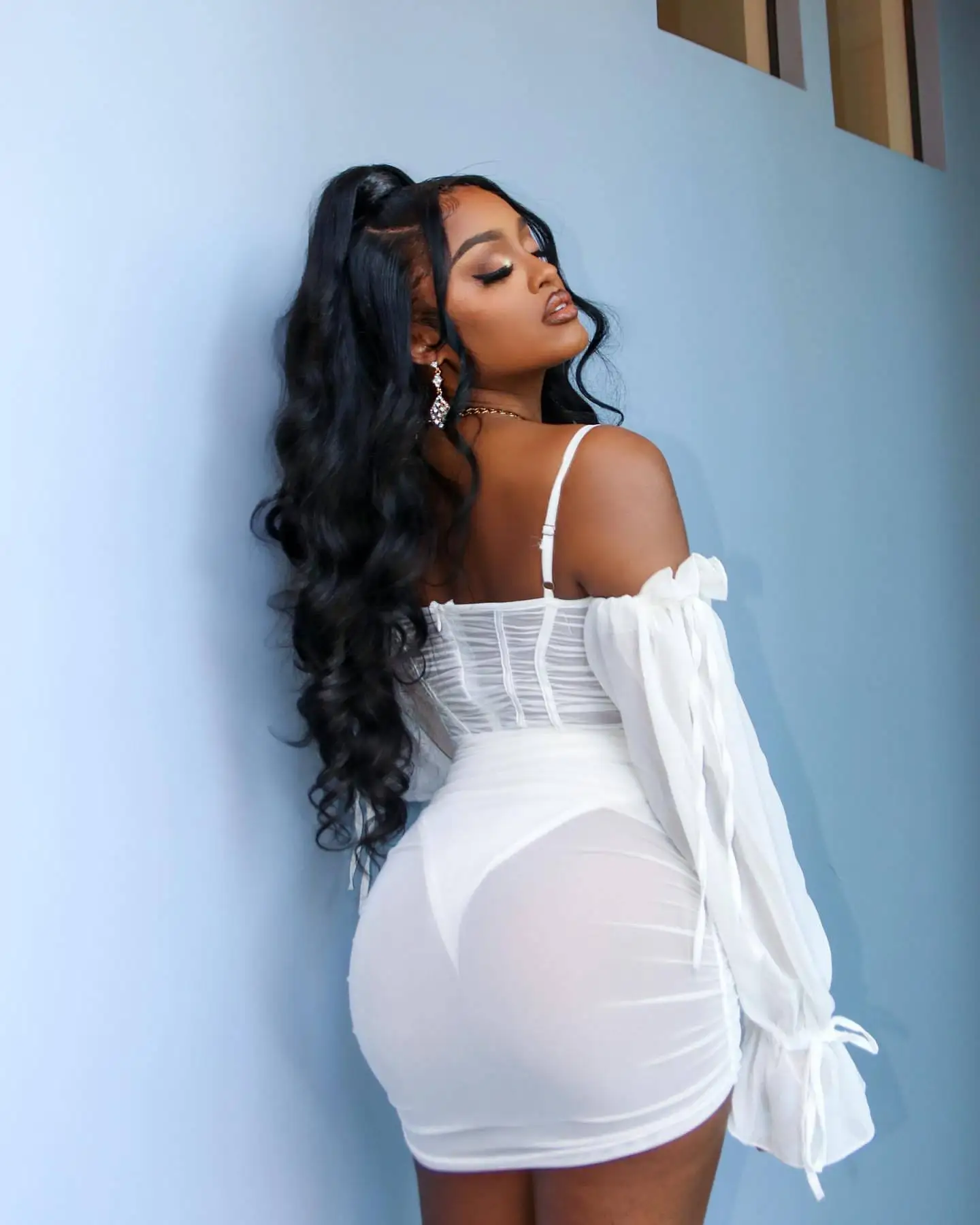 

Women's sexy long-sleeved see-through mesh skirt, one-line collar pleated dress