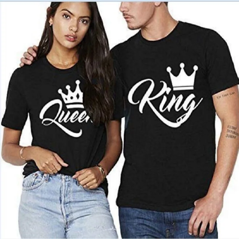 

«King», «Queen» семейная Футболка с принтом короны одежда для пар; Сезон лето футболка 2020 Повседневная одежда с О-образным вырезом, топы Футболка...