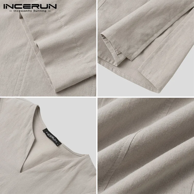 

Men Shirt Vintage V Neck Long Sleeve Cotton Retro Casual Tops Autumn Streetwear Solid Color 2021 Leisure Shirts S-5XL INCERUN