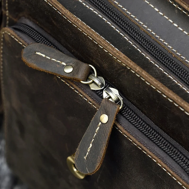 Men's Vintage Crazy Horse Leather Bag iPad Cow Leather Shoulder Bag Zip Around Casual Crossbody Bag Cowhide Briefcase Purse images - 6