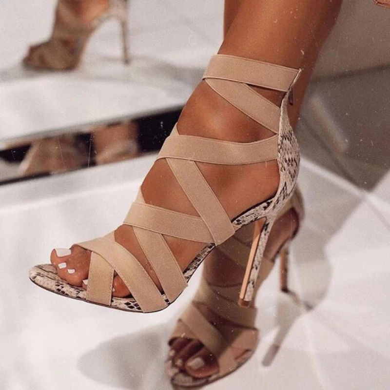 

Sandalias Mujer 2021 Women Ladies Pumps Fashion Bandage Patchwork Mixed Colors Snake High Heels Sandals Casual Shoes Size 35-42