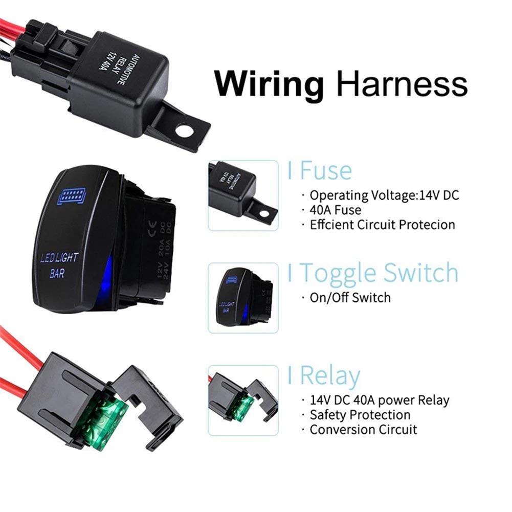 12V SUV ATV Blue LED Light Bar Rocker Switch Wiring Harness 40A Relay Fuse Kit | Автомобили и мотоциклы