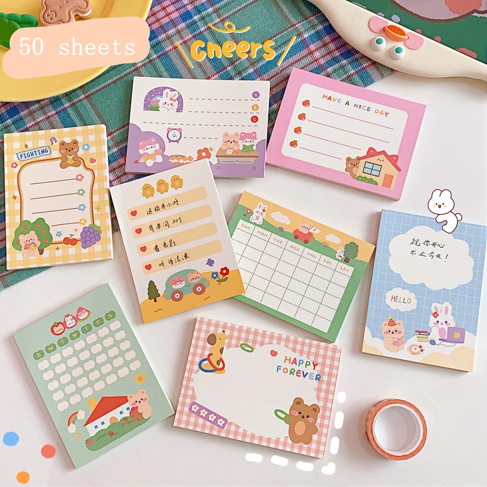 

50 листов, Kawaii, блокноты для записей TOPYU, бумага для ежедневных заметок, для ежедневного использования, проверочный лист, планировщик, блокнот...